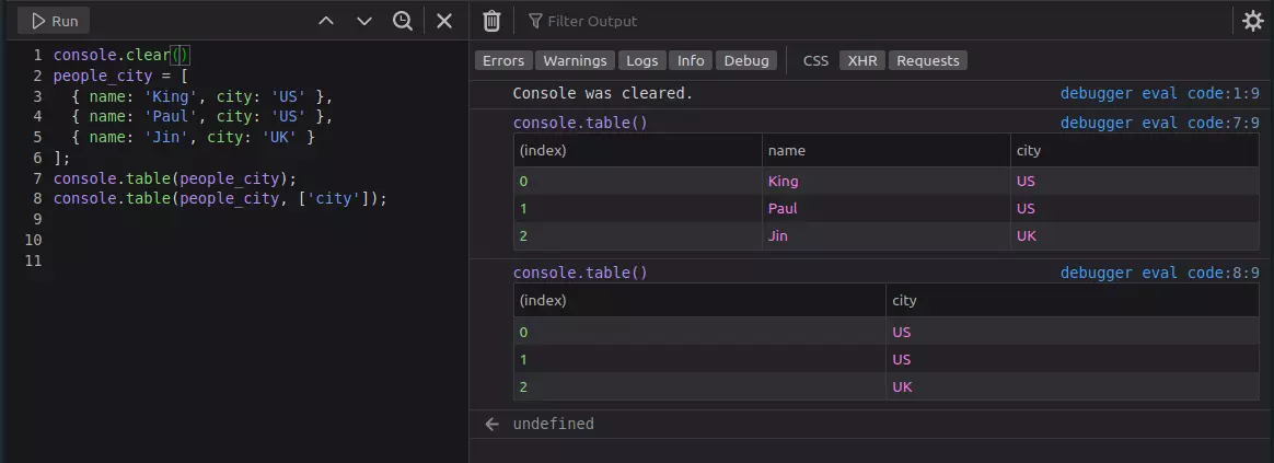 JavaScript-Console-Filter-arrays-and-object-tables