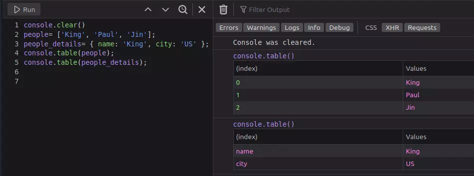 JavaScript Console Print arrays and object into beautiful tables